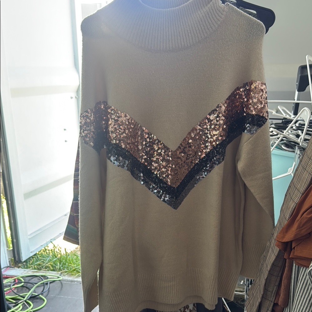 Sequin Embellished Cream Sweater